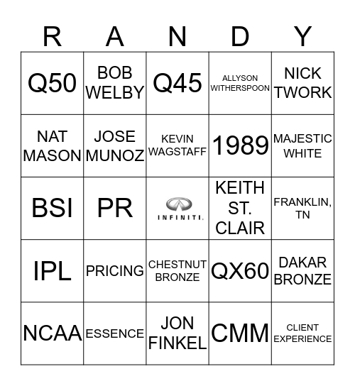 Infiniti Holiday Party Bingo Card