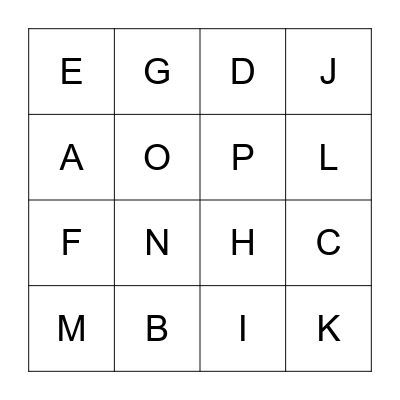 Alphabet A~P Bingo Card