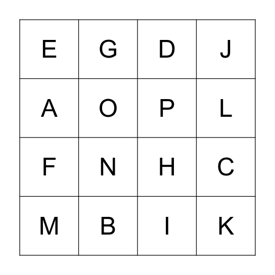 Alphabet A~P Bingo Card