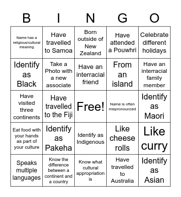 Cultural Diversity Bingo Card