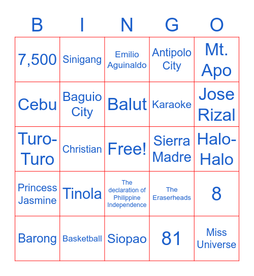 TROPA Filipino Culture Bingo Card