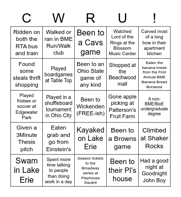 Round #1: Cleveland/Grad Student Signature Bingo. "Find someone who has..." Bingo Card