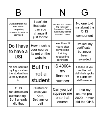 Customer Bingo Card