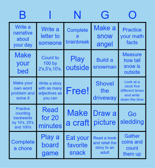 Snow day Bingo Card