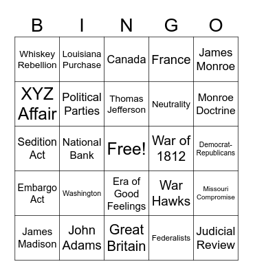 First Five Presidents Bingo Card