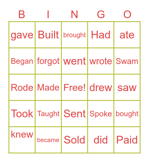 irregular verb Bingo Card