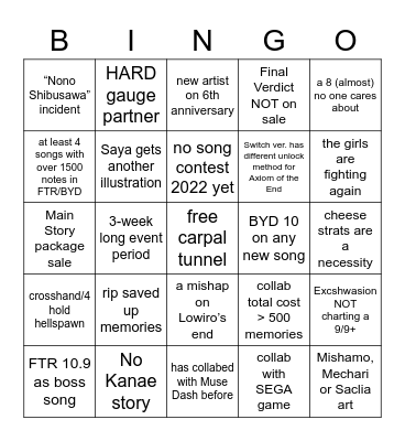 Arcaea March 2023 Bingo Card