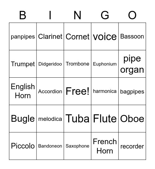 Aerophone Bingo MEDIUM Bingo Card