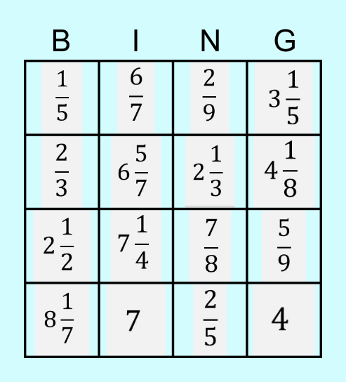 Fractions Bingo Card