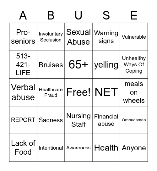 Elder Abuse Bingo Card