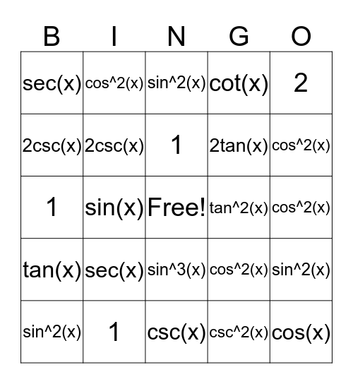 Trig Identities Bingo Card