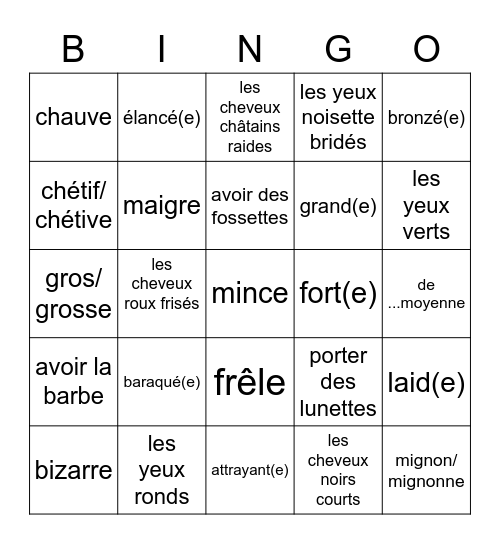 To talk about and describe people : French adjectives Bingo Card