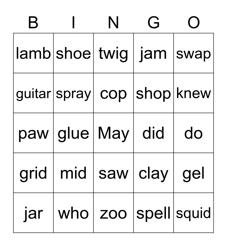 Words That Rhyme 2 Bingo Card