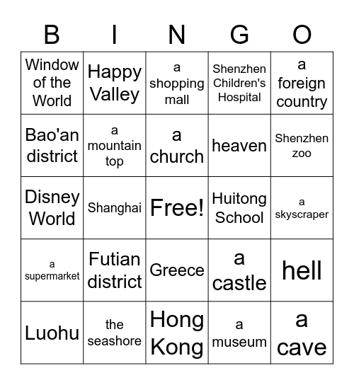 Have you ever been to .... Bingo Card