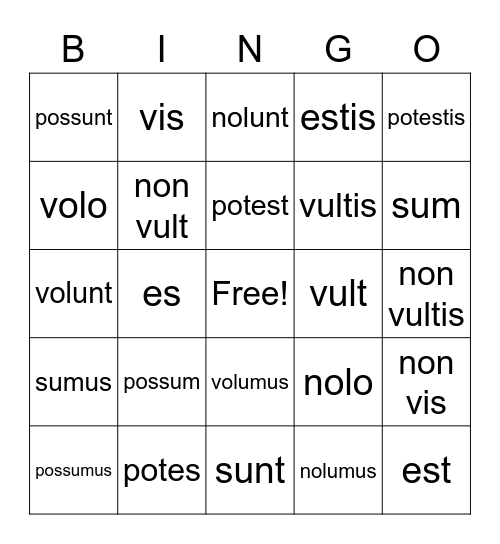 Irregular Verbs Latin Bingo Card