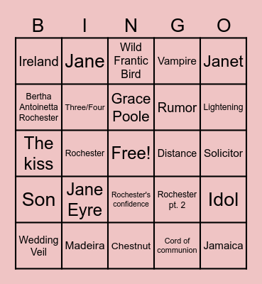 Jane Eyre Bingo Card