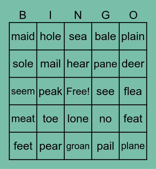 Homophones Bingo Card