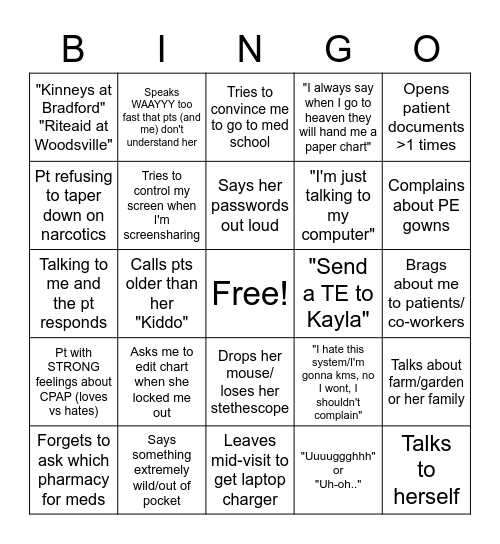 Patty Pratt Bingo Card