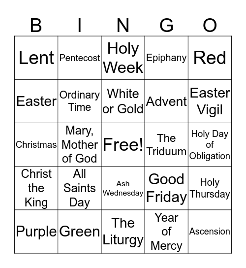 Liturgical Year Bingo Card