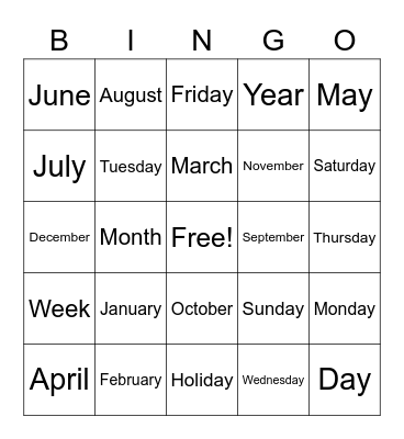 2nd grade Bingo Card