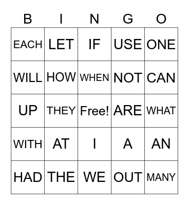 SIGHT WORDS Bingo Card