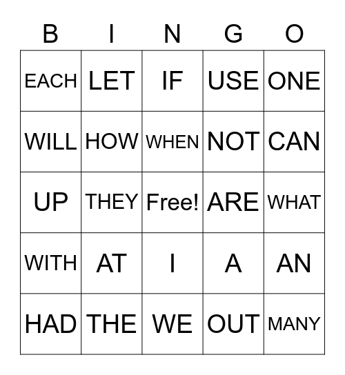 SIGHT WORDS Bingo Card