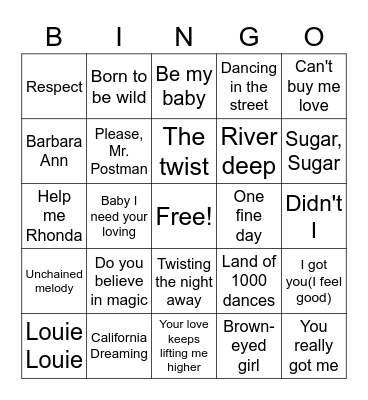 1960's Hits Party Bingo Card