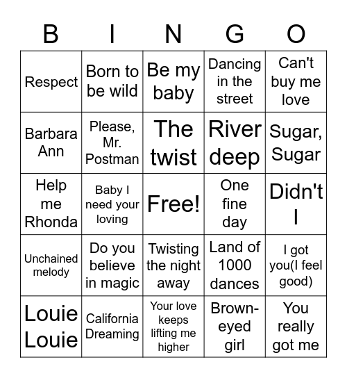 1960's Hits Party Bingo Card