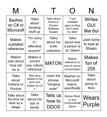 Maton Bingo Card