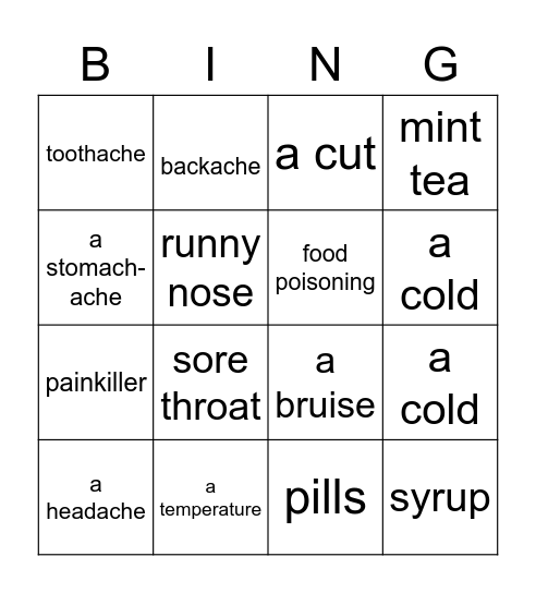 ILLNESS Bingo Card