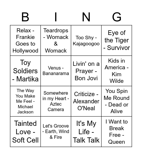 80's Bingo Card