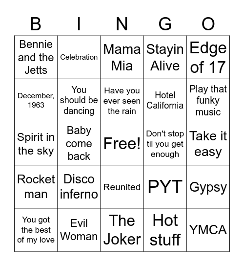 70's Inferno Bingo Card