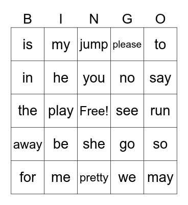 Basic Sight Words Bingo Card
