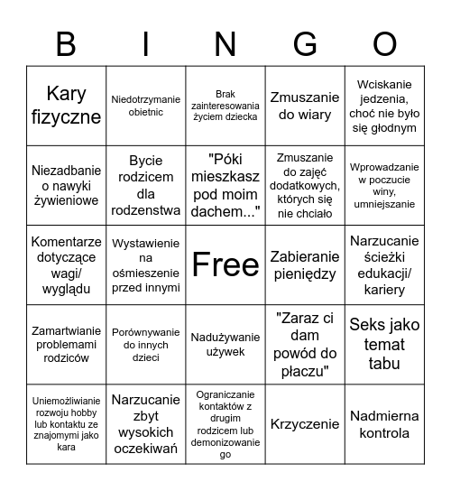 Kiepskie rodzicielstwo Bingo Card