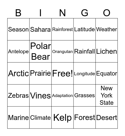 Biomes Bingo Card