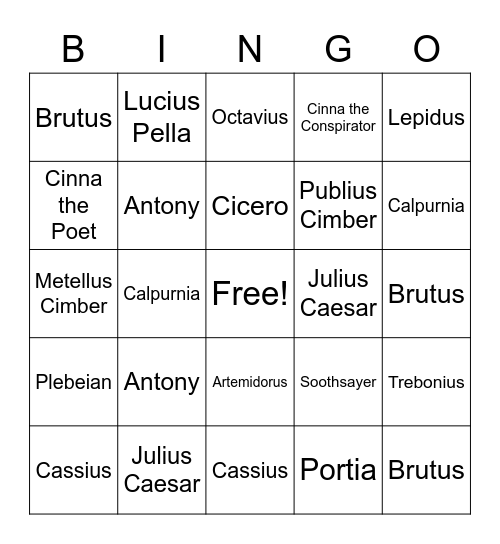 Julius Caesar Bingo Card