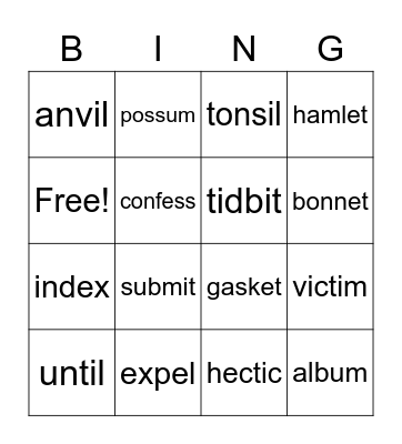 Syllable Division Rule #1 Bingo Card