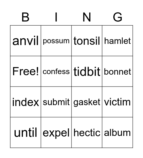 Syllable Division Rule #1 Bingo Card