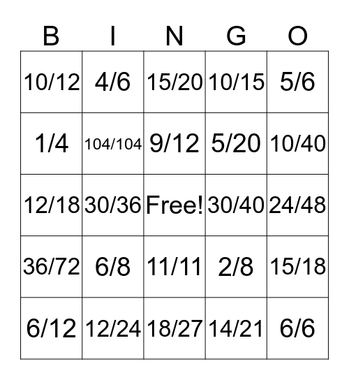 EQUIVALENT  FRACTIONS  Bingo Card
