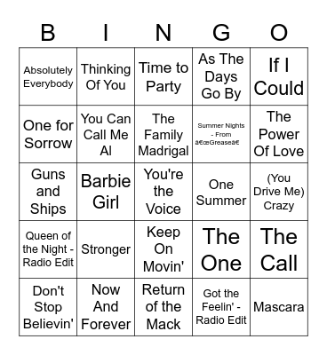 Birthday Jams Bingo Card