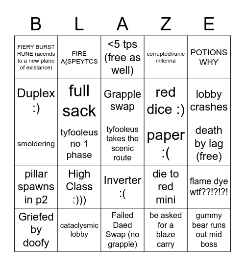 Blaze Slayer Bingo Card