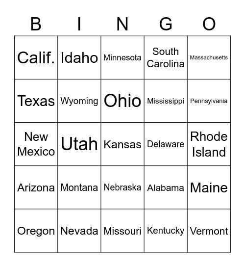 US Regions Bingo Card