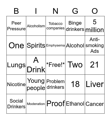 Tobacco and Alcohol Use Bingo Card