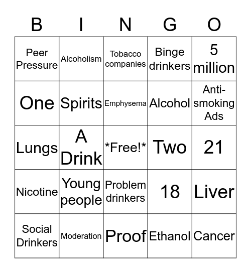 Tobacco and Alcohol Use Bingo Card