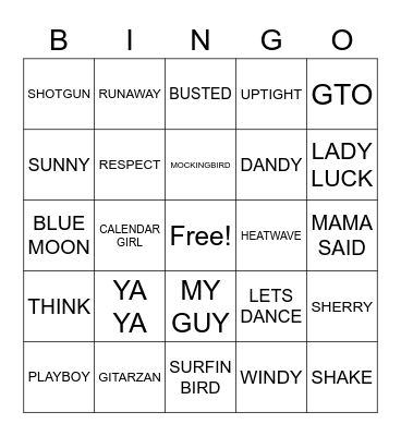 60S HITS Bingo Card