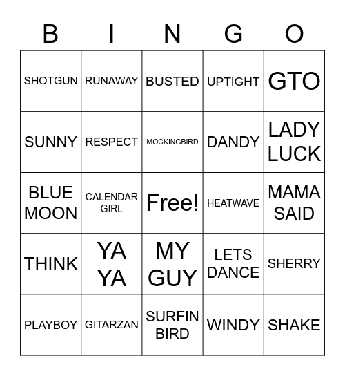60S HITS Bingo Card