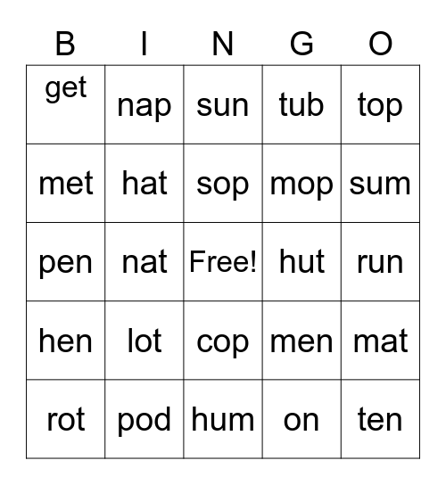 Short vowl Bingo Card