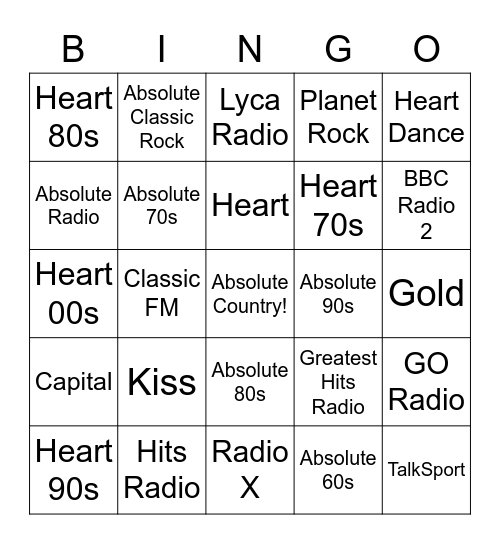 UK Radio station bingo Card