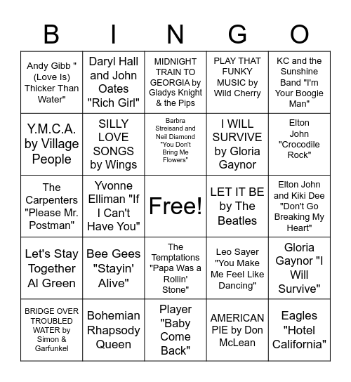 1970's Music Bingo Card