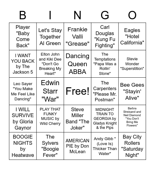 1970s Music Bingo Card